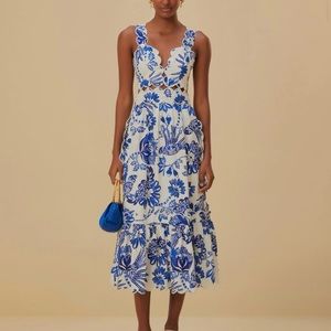 Farm Rio Off-White Flowerful Birds Midi Dress